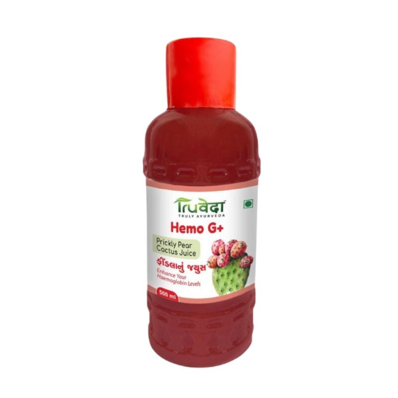 Close-up of Truveda Hemo G+ prickly pear cactus juice bottle labeled as findla juice for increasing hemoglobin levels