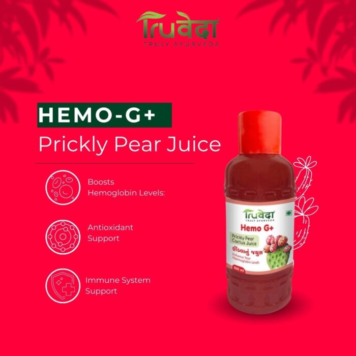 Truveda Hemo G+ prickly pear cactus juice bottle on a red background with icons showing antioxidant, hemoglobin, and immune benefits