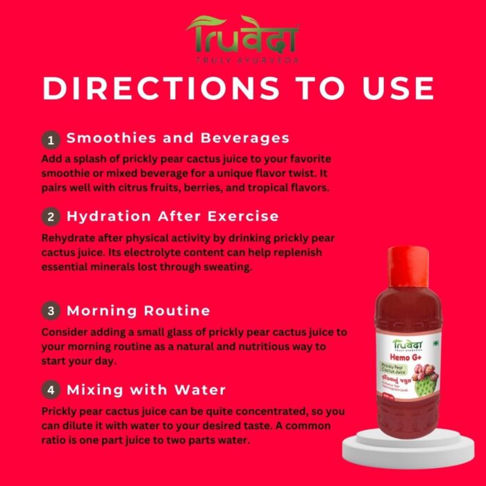 Directions for using Truveda Hemo G+ prickly pear juice including smoothies, hydration, morning routine, and dilution with water