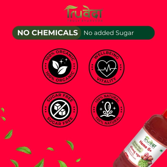 Truveda Hemo G+ juice packaging promoting 100% organic, sugar-free, and natural findla juice for wellbeing and vitality