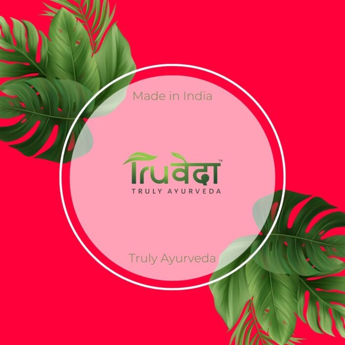 Truveda logo with tropical leaves and text highlighting the brand’s identity as an Ayurvedic Indian product manufacturer