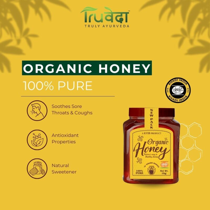 Organic honey benefits graphic featuring a Truveda honey jar, highlighting soothing sore throats, antioxidant properties, and natural sweetening