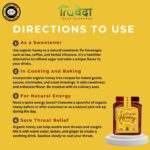 Usage instructions for Truveda organic honey including sweetener, baking, energy boost, and sore throat relief with a 1kg jar visual