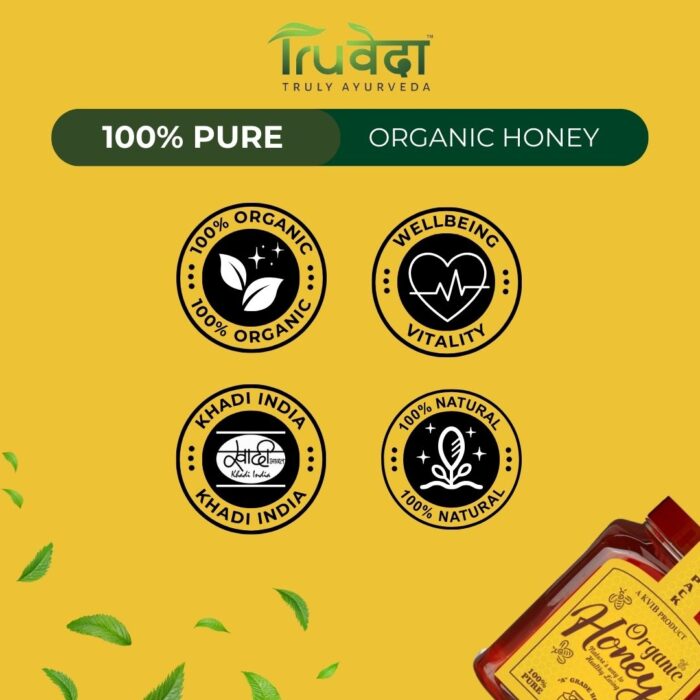 Icons promoting Truveda honey as 100% organic, natural, certified by Khadi India, and supportive of overall vitality and wellbeing