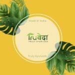 Truveda logo centered over tropical leaves with "Made in India" and "Truly Ayurveda" message, showcasing the brand’s authenticity