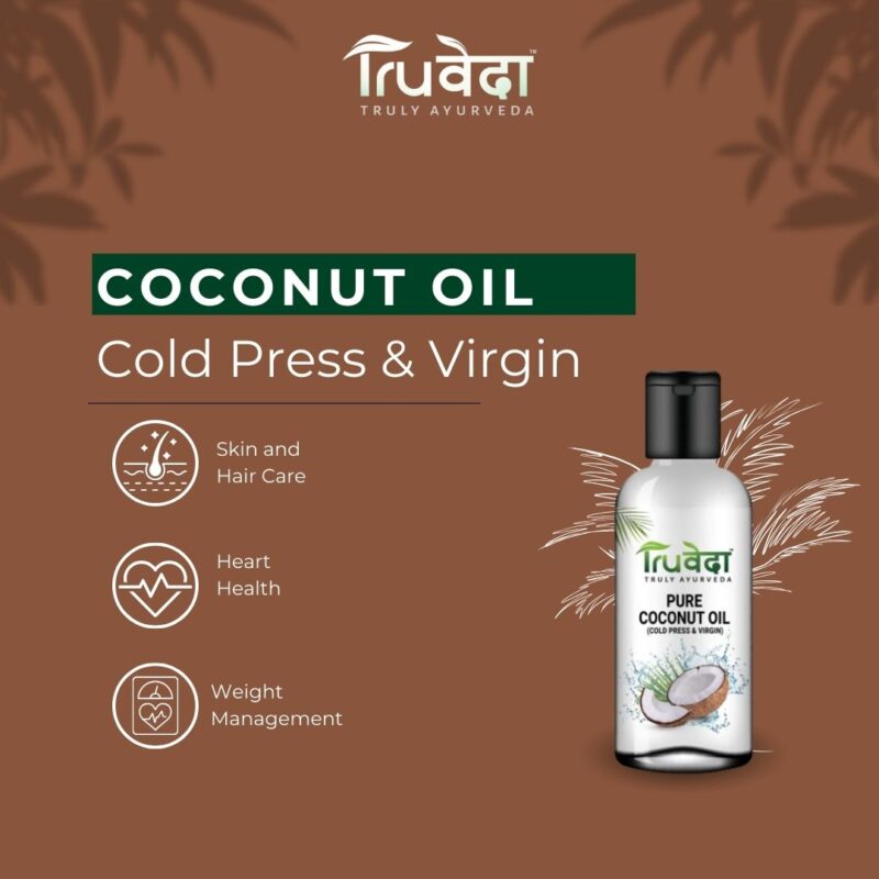 Truveda cold pressed virgin coconut oil with icons highlighting skin care, heart health, and weight management benefits