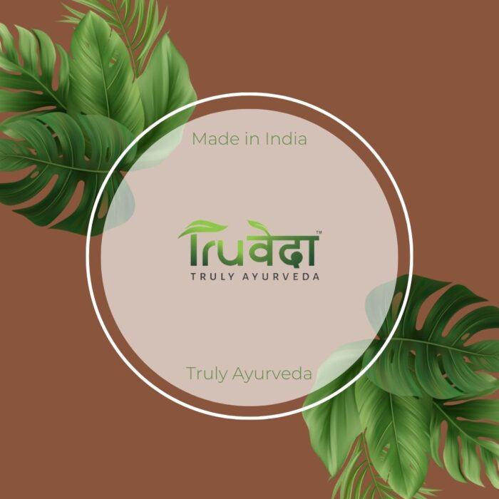 Truveda logo with tropical leaves and “Made in India” tag showcasing its Ayurvedic origin