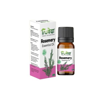 Truveda's pure rosemary essential oil with packaging showing usage details, used for hair growth, acne-prone skin, and natural wellness
