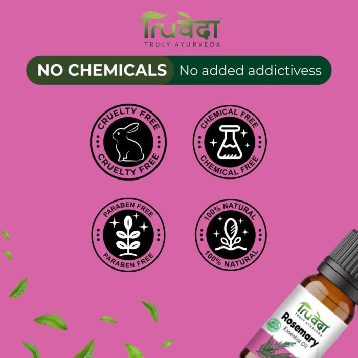 Truveda rosemary oil certifications showing cruelty-free, chemical-free, paraben-free, and 100% natural composition