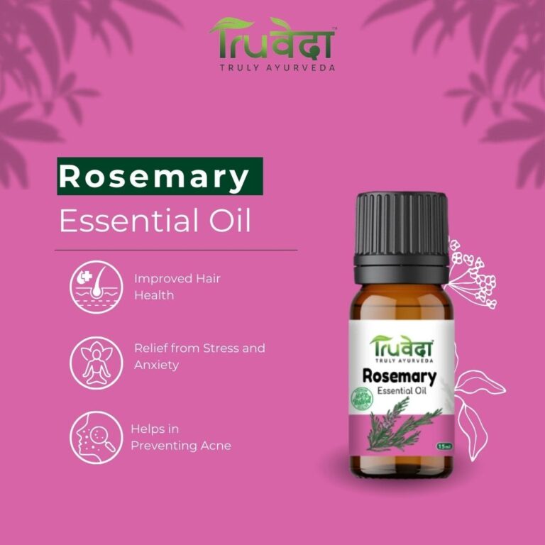 Rosemary essential oil by Truveda promoting improved hair health, stress relief, and acne prevention with natural ingredients