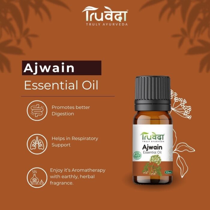 Truveda Ajwain oil graphic highlighting its digestive, respiratory, and aromatherapy benefits with earthy, herbal fragrance