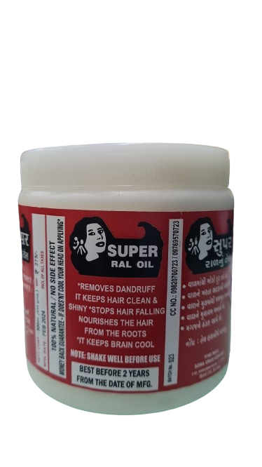 Jar of Super Ral Oil, also known as Ral Nu Tel, promoting clean, shiny hair, dandruff control, and root nourishment
